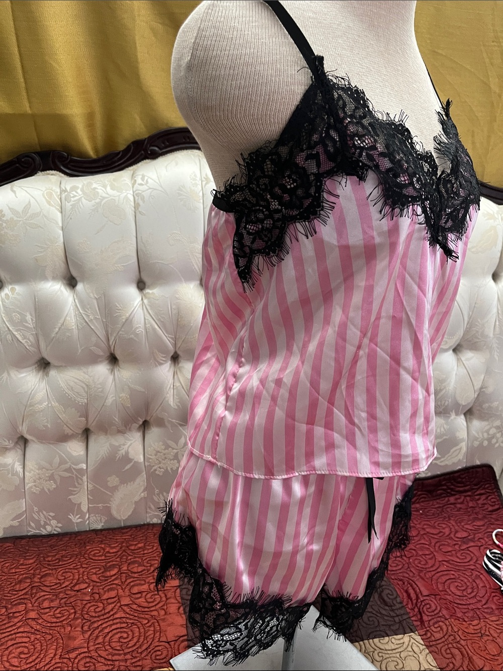 Pink Striped Satin Sleep Short Set with Black Lace Trim